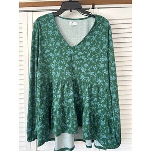 True Craft Green Floral Tiered V Neck Long Sleeve Peplum Blouse Top‎ XL